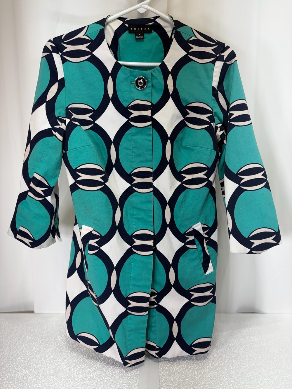 Tribal Teal, Navy & White Geometric Trench Coat 4039